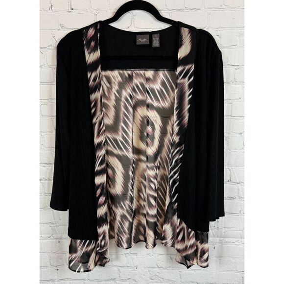 CHICO'S TRAVELERS black beige animal print knit open front cardigan sweater 1 M - Picture 1 of 7